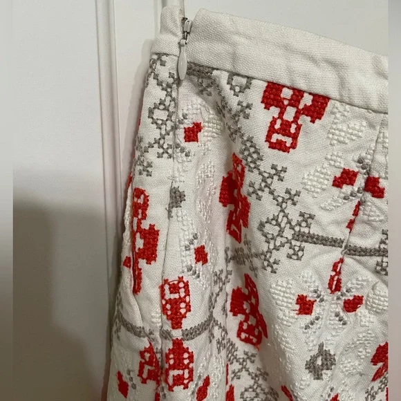 Anthropologie Maeve Blomma Pom Pom Skirt cream and orangey red with side zip - Picture 7 of 7